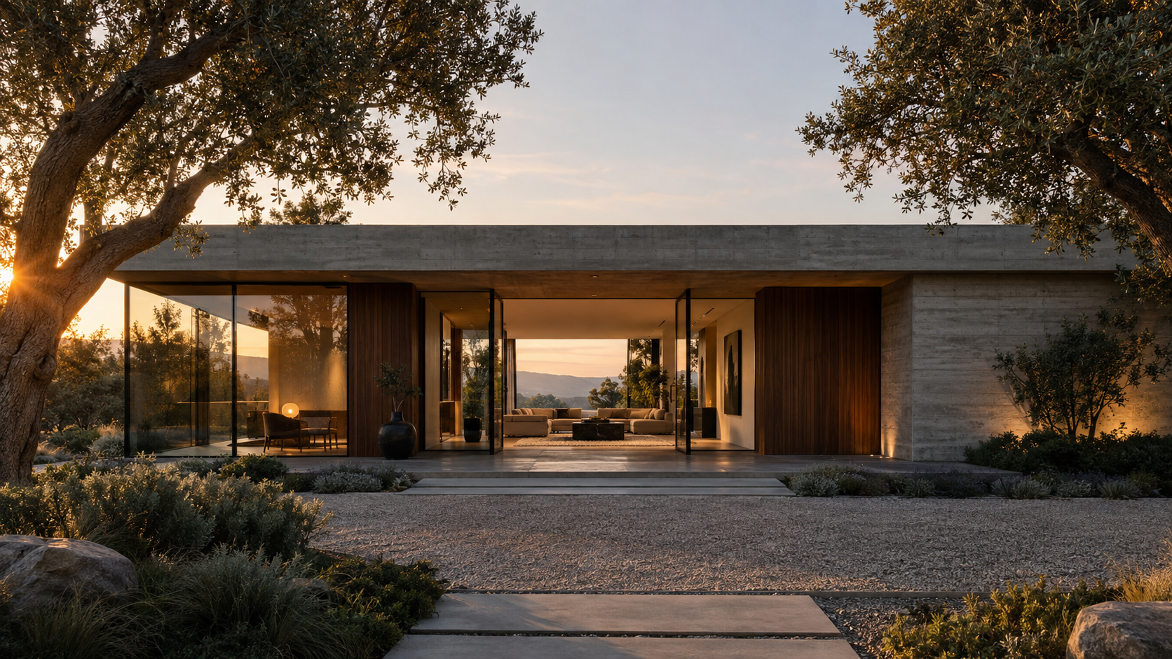 Residencia contemporánea de hormigón y madera integrada a un jardín arbolado